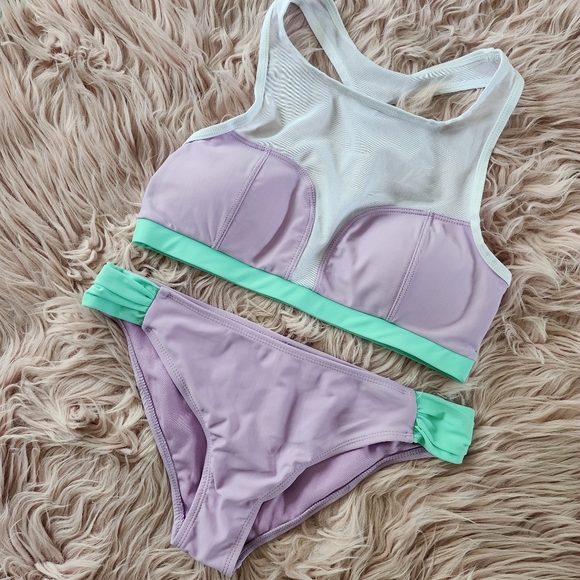 Color-Block Bikini ~ 2pc Mesh Top Matching Bottom, L. - Picture 2 of 8